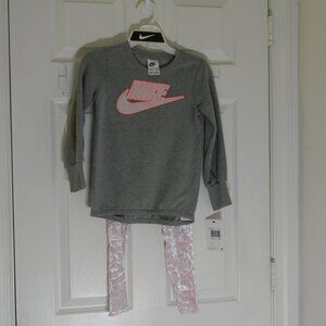 Nike 2 Piece Set Girls Pink Foam Sweatshirt Velour Leggings Pink Gray NWT